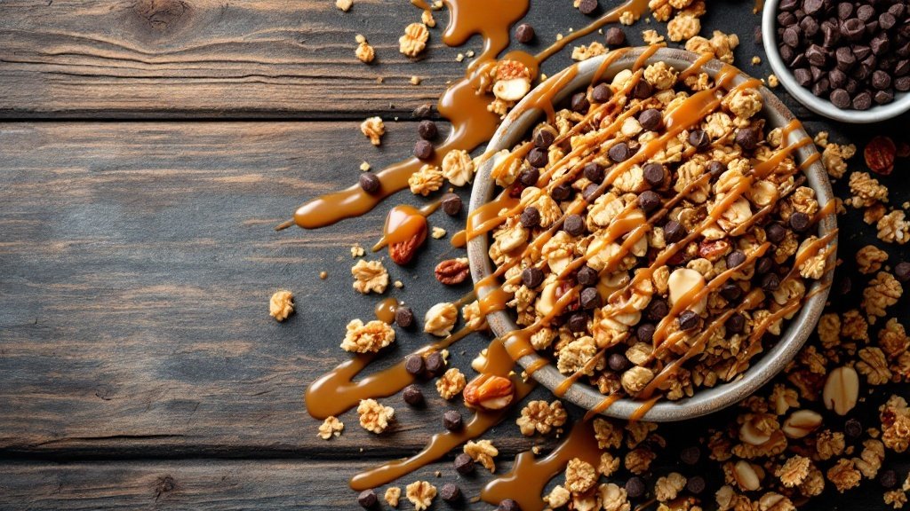 A bowl of salted caramel granola crunch with chocolate chips and caramel drizzle on a wooden surface.