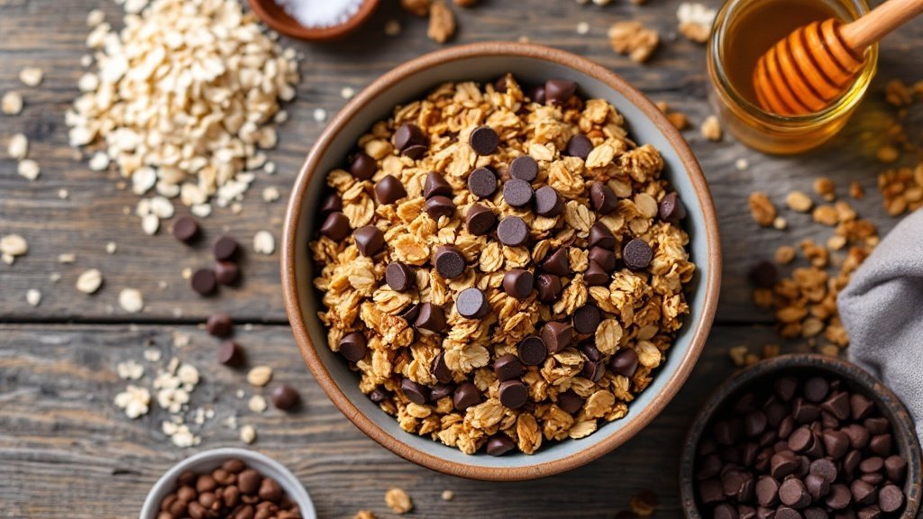 A bowl of homemade chocolate chip granola with oats and chocolate chips on a wooden table