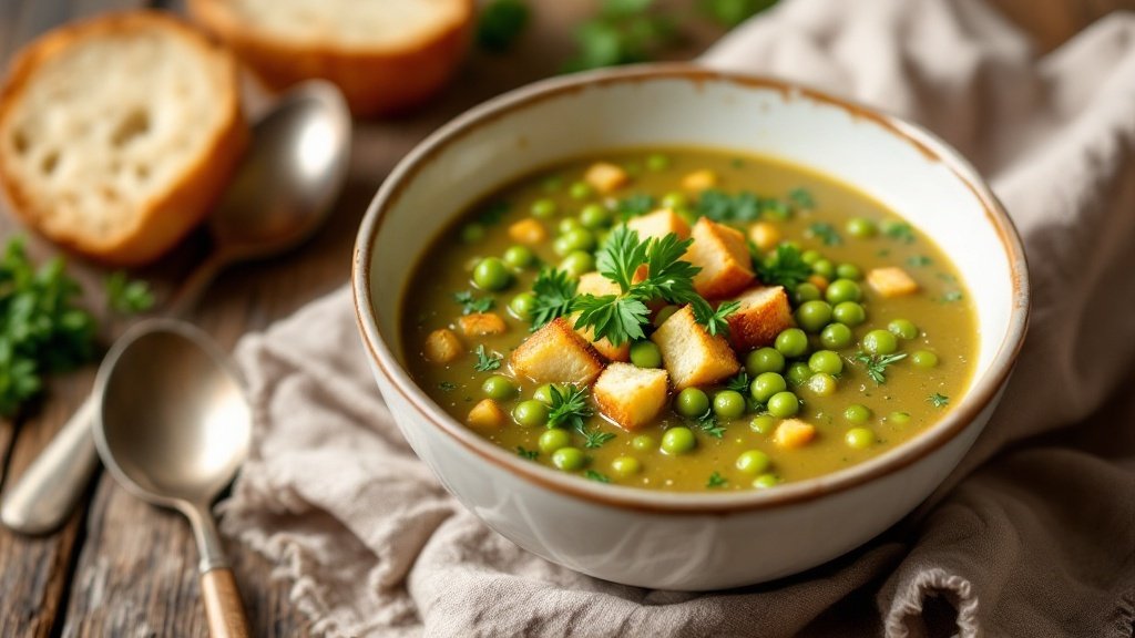 A bowl of split pea soup with croutons and fresh peas, served with bread.