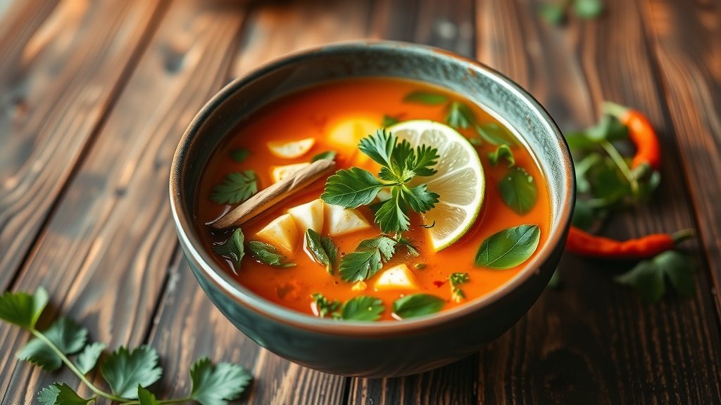 A bowl of Tom Yum Soup with shrimp, mushrooms, green herbs, and lime on a rustic table.