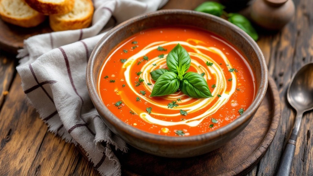 A bowl of tomato basil soup garnished with fresh basil leaves, cream swirl, and served with bread.