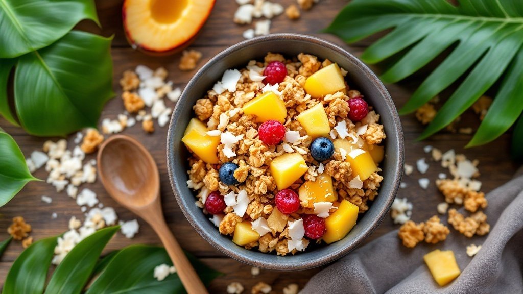 A bowl of Tropical Granola Crunch topped with diced mango, blueberries, and raspberries, surrounded by tropical leaves.