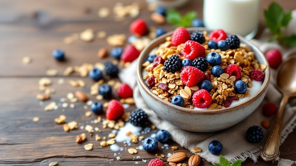 A bowl of protein packed granola topped with fresh berries and yogurt, set on a wooden surface.