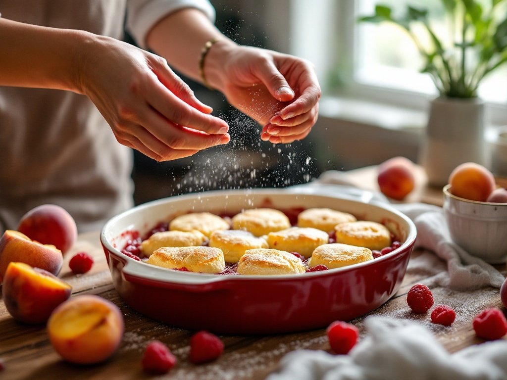 Peach and Raspberry Cobbler in a Baking Dish