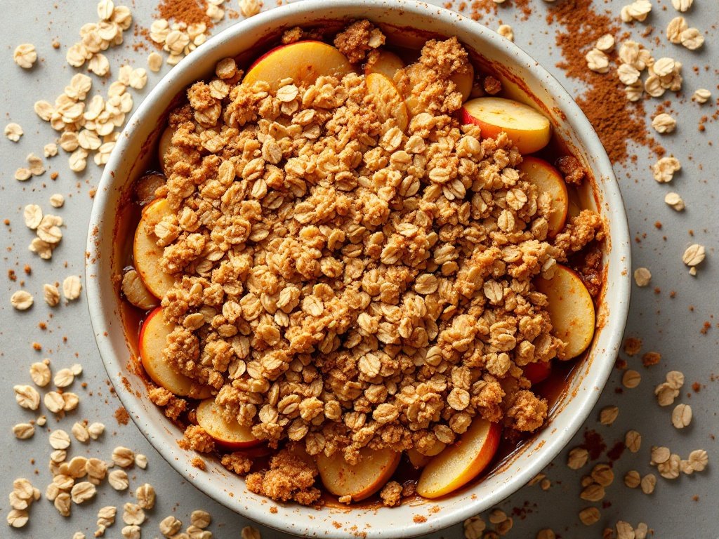 A cozy bowl of apple crisp with oat topping