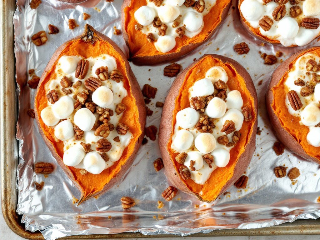 Sweet Potato Bites with Marshmallow and Pecans