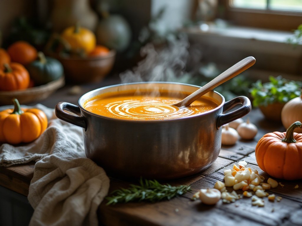 A steaming bowl of pumpkin soup garnished with cream and herbs
