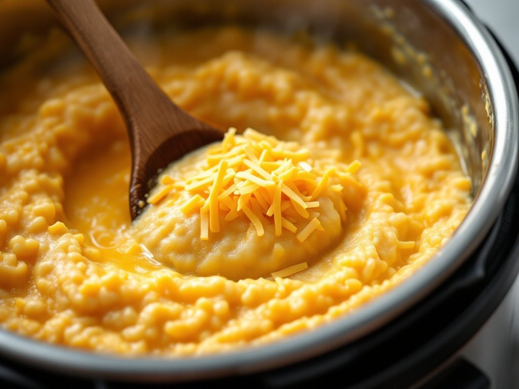 Close-up of a bowl of cheesy grits
