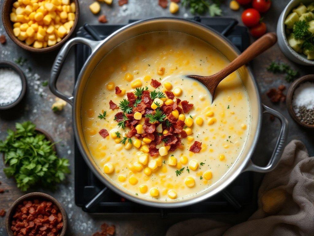 A bowl of creamy corn chowder with garnishes
