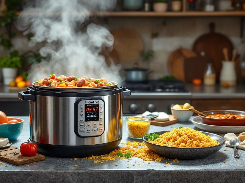 Bowl of Instant Pot Jambalaya with shrimp, sausage, and rice on a wooden table