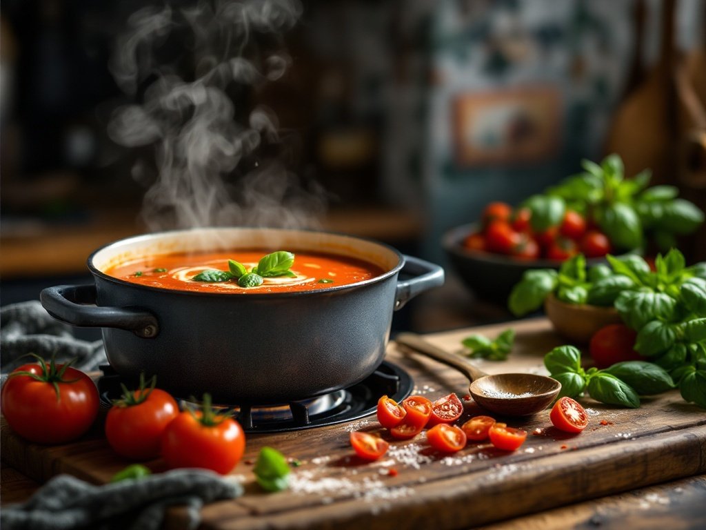 Tomato Basil Soup simmering on the stove