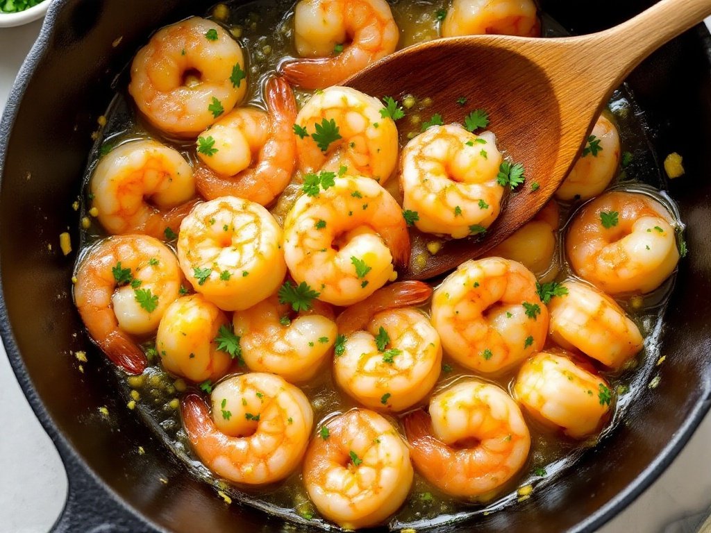 Garlic Butter Shrimp served with lemon wedges