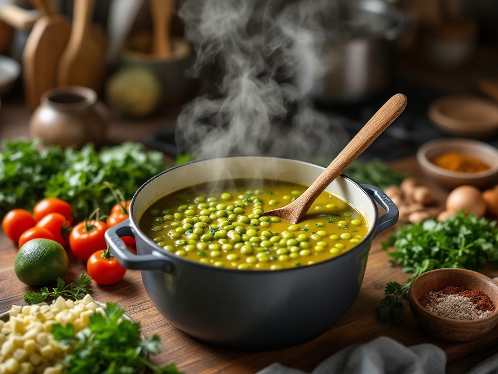 A warm bowl of Instant Pot Split Pea Soup served with bread