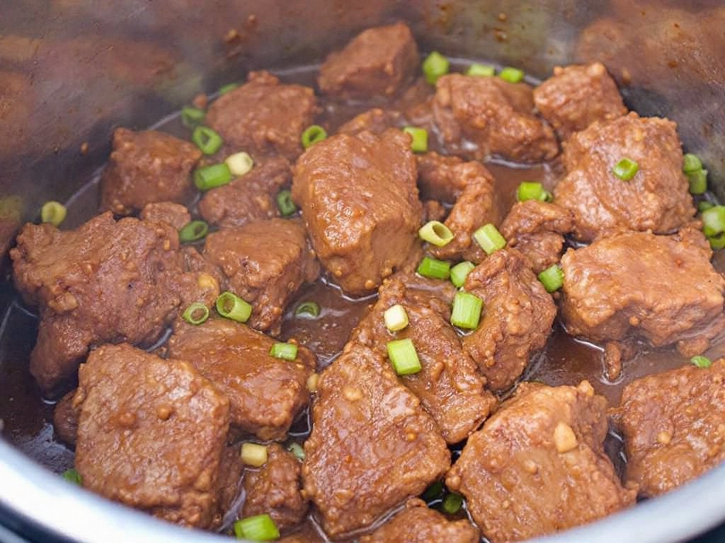 Instant Pot Mongolian Beef served over rice with a sprinkle of green onions and sesame seeds.