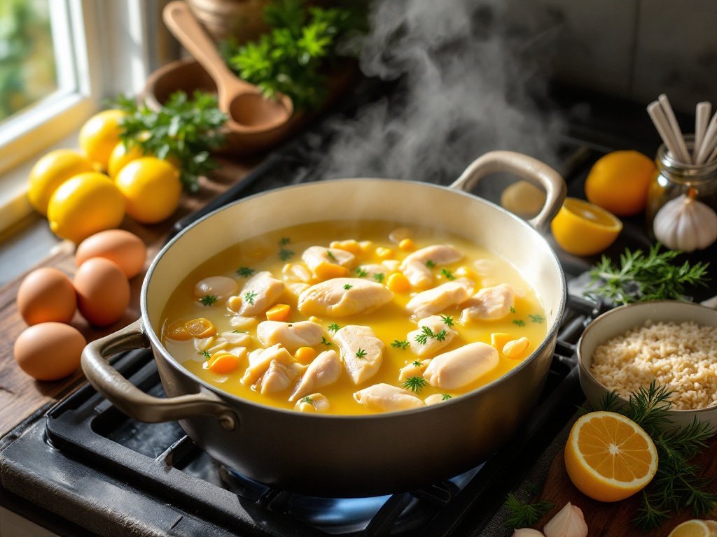 A steaming bowl of Avgolemono soup with lemon slices on the side