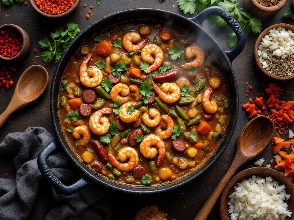 Steaming pot of gumbo